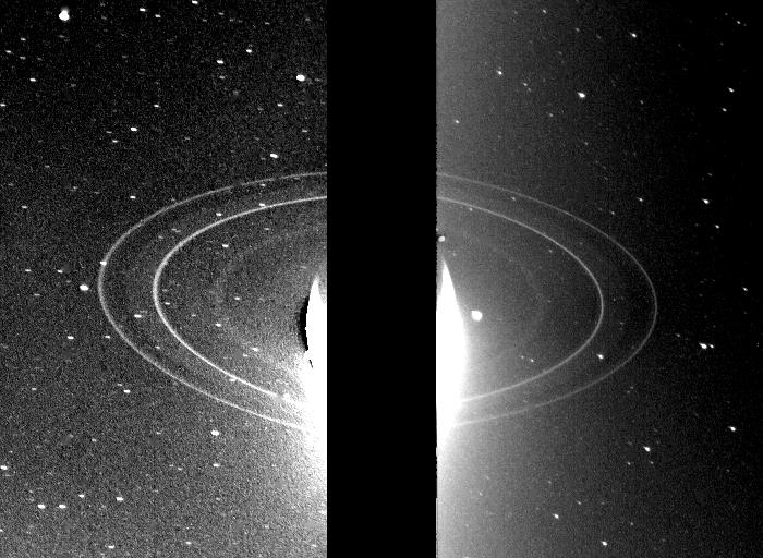 A split image with the bright planet itself hidden by an obscuring bar, and the rings visible.