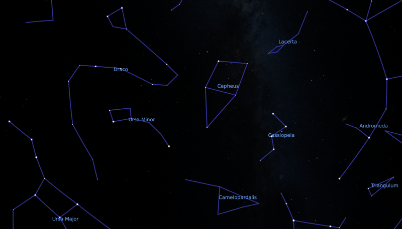 Night sky chart of Cepheus shown with several surrounding constellations, including Cassiopeia, Ursa Major, and Ursa Minor.