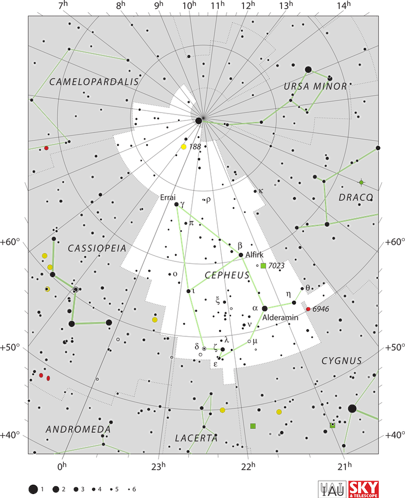 Chart with stars in black and constellations in green. Cepheus, with labeled stars, is in the middle.