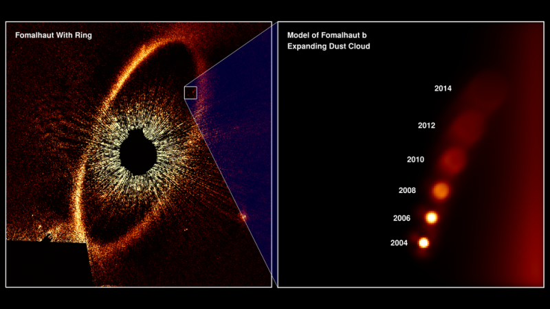 Left: a dark circle with a fuzzy red ring around it. Right: a series of dots, fading from bright to dim.