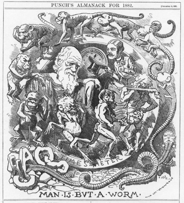 Antique etching of spiral of life from worm to Victorian man with white-bearded bald man in center.