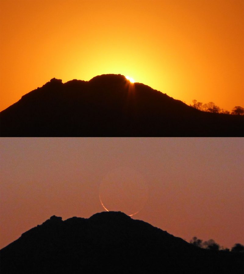 Composite image of first a sunset behind a mountain rim, then a crescent moonset behind the same mountain rim.