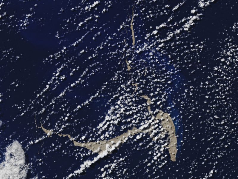 Aerial view of blue sea mottled with white dots and lines and with large tan areas (the rafts).