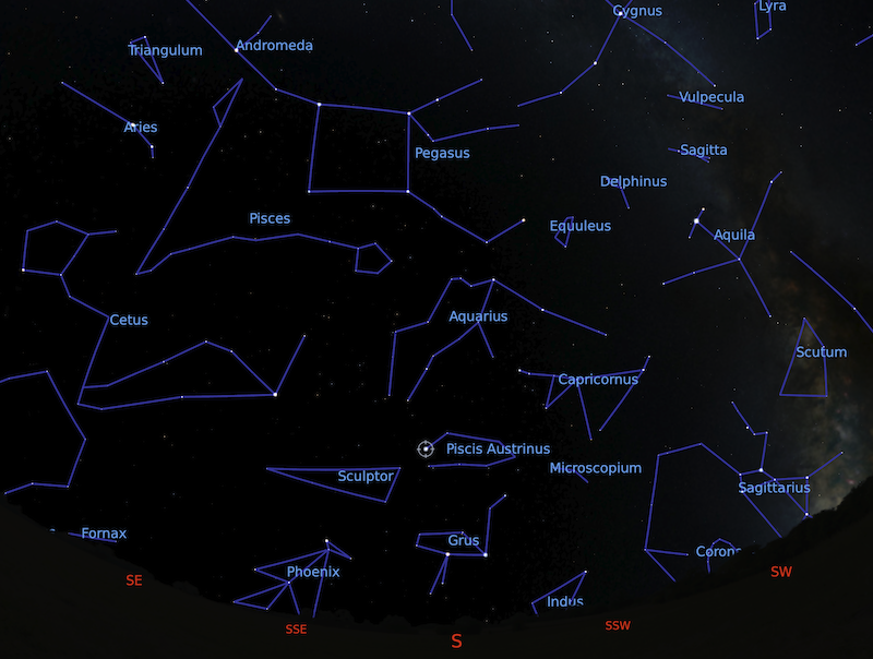 Stars in black sky. Labeled constellations are shown with blue lines connecting the stars.