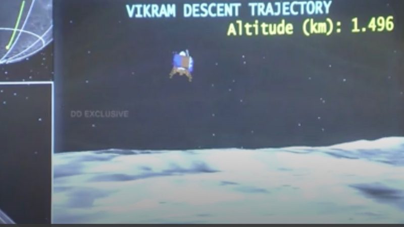 Computer-generated image of the Vikram lander descending to the moon's surface.