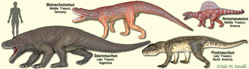 Several giant long-legged crocodilian reptiles with human figure for scale.