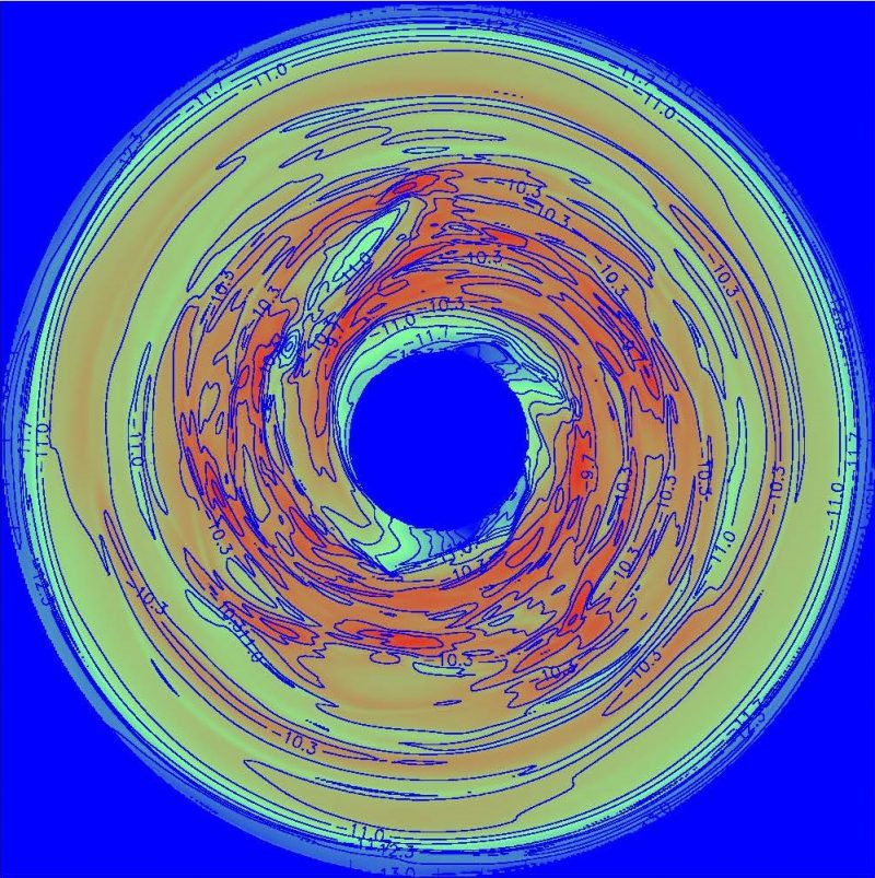 Donut-like spiral formation in big multicolored circle on blue background.