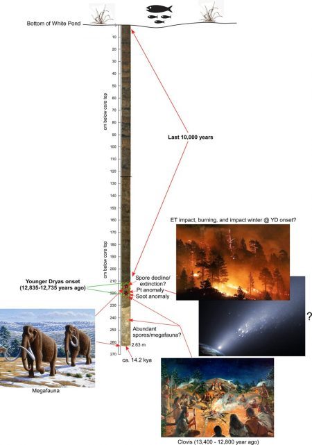 Long vertical core with inset pictures of mammoths, forest fires, etc.