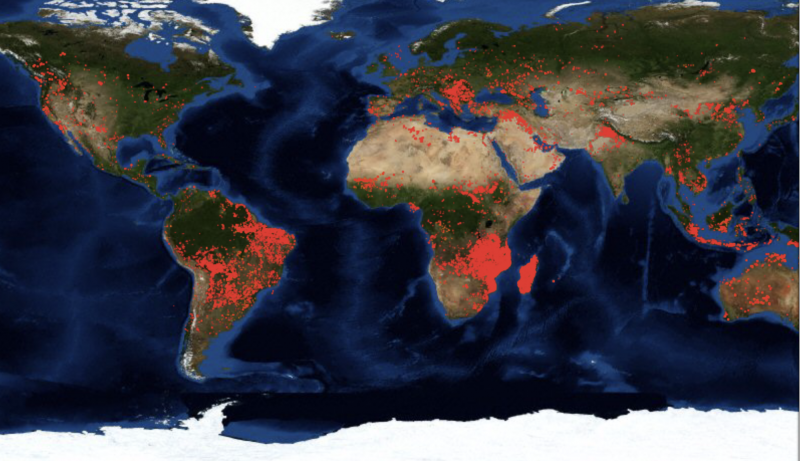 A world map showing very many hot spots.