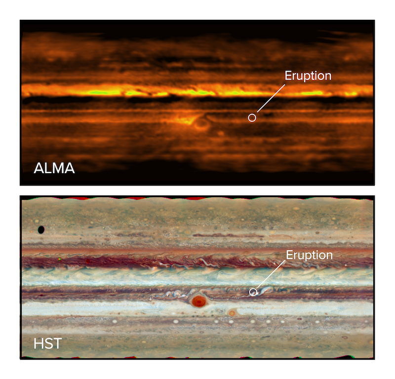 Upper picture dark orange and yellow; lower picture natural color, spot labeled Eruption.