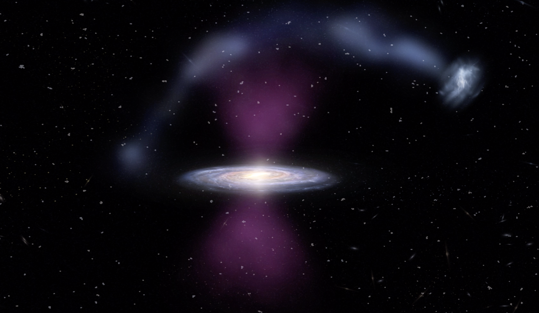 Edgewise galaxy with glowing purple blobs top and bottom, and a stream of material arcing over it.