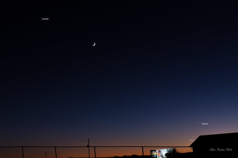 Young moon between Venus and Jupiter at dusk October 30, 2019.