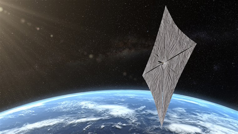 Square sail floating in space above Earth.