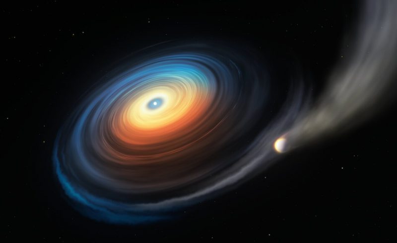 Multi-colored gas swirling into a bright star with orbiting planet.