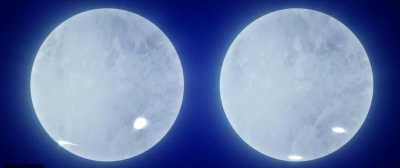 Light-colored disks with bright white spots, on a dark blue background.