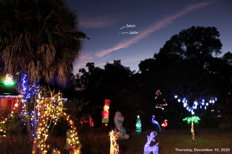 Labeled Jupiter and Saturn above colorfully lighted figures, bushes, and trees.