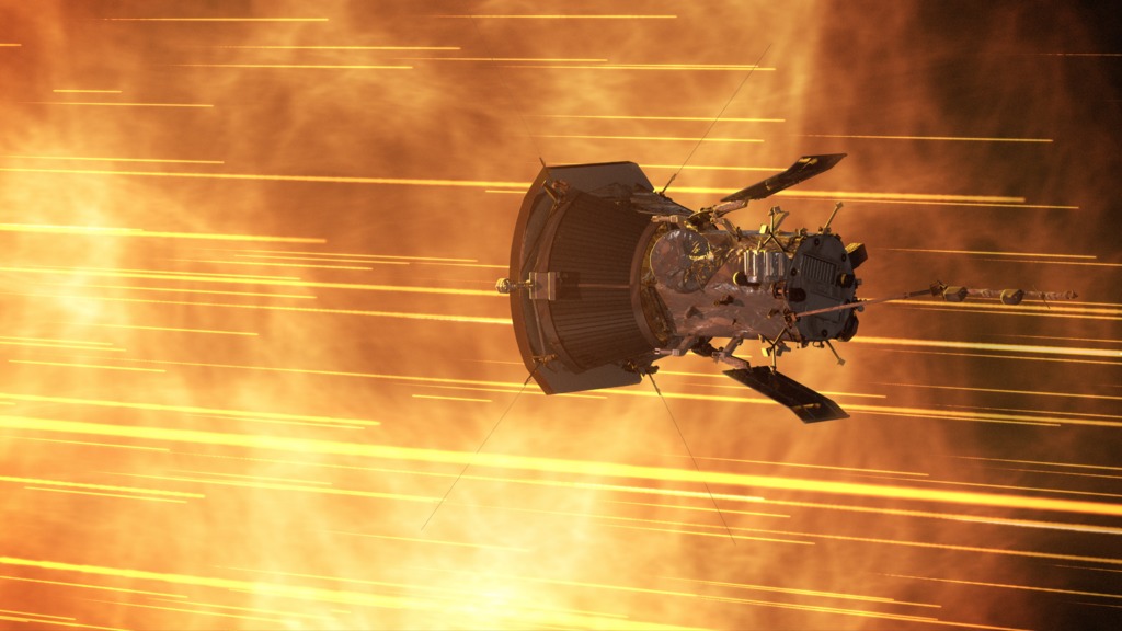 A spacecraft rushing along in what looks like a hot place!