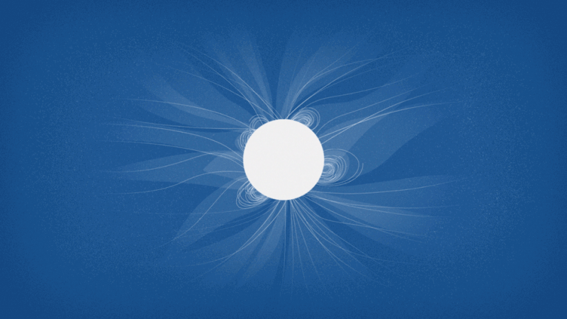 Animated illustration of a white circle on blue with gently waving threadlike wisps around it.