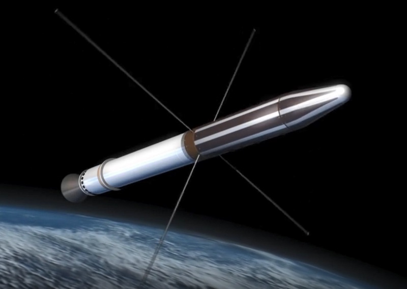 Explorer 1: Rocket-shaped spacecraft with four wirelike antennas in orbit with Earth in background.