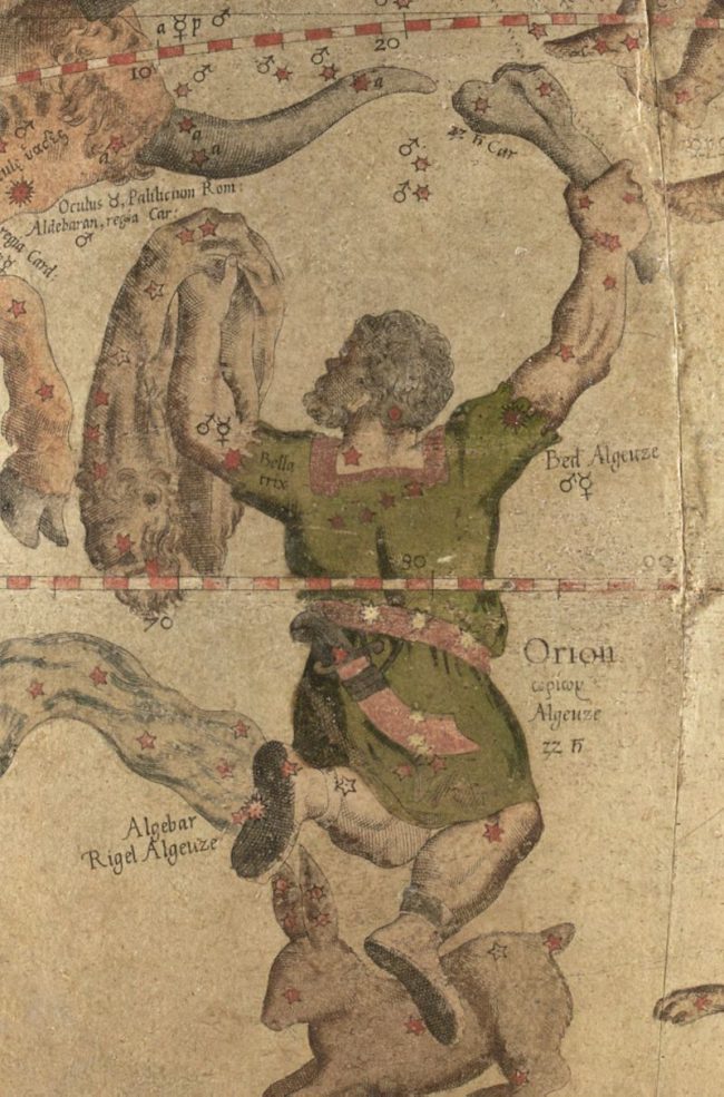 Antique colored drawing of a hunter holding a club and an animal skin, with stars labeled.