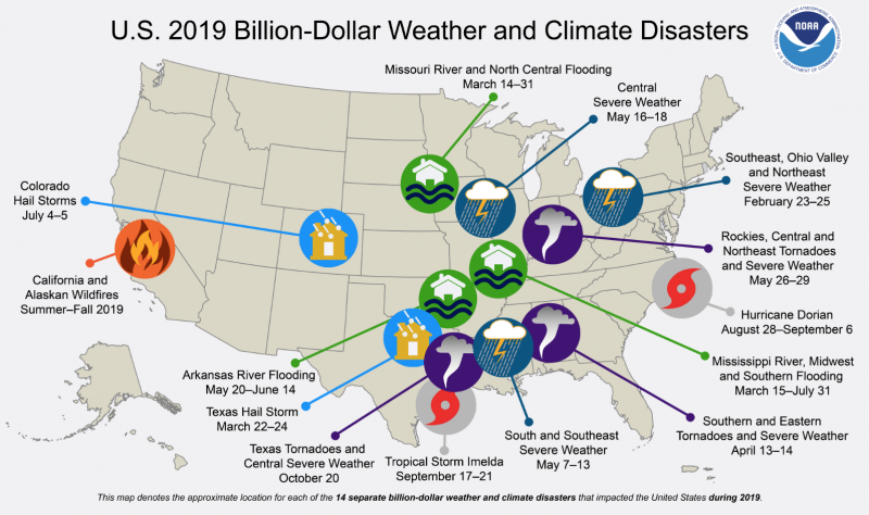 US map with annotations of disaster sites.