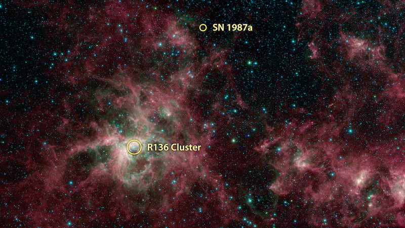 Wispy nebula with starry background and two places circled with text annotations.