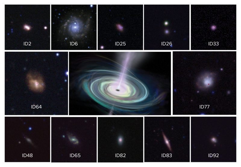 Photos of 12 small mostly irregular glowing smudges and big black hole picture in the middle.