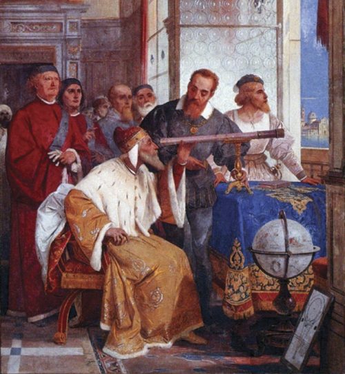 A medieval-style painting showing a wealthy seated man peering through a telescope; a red-bearded man, presumably Galileo, leans over him.