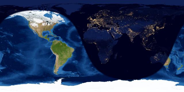 Worldwide map of day and night sides of Earth at full moon.