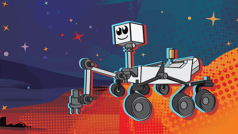 Cartoon of a six-wheeled rover vehicle with a robotic arm and a smiling face.
