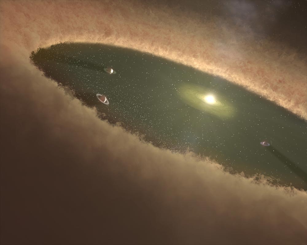 A star with planets in an open area surrounded by a giant dusty ring.