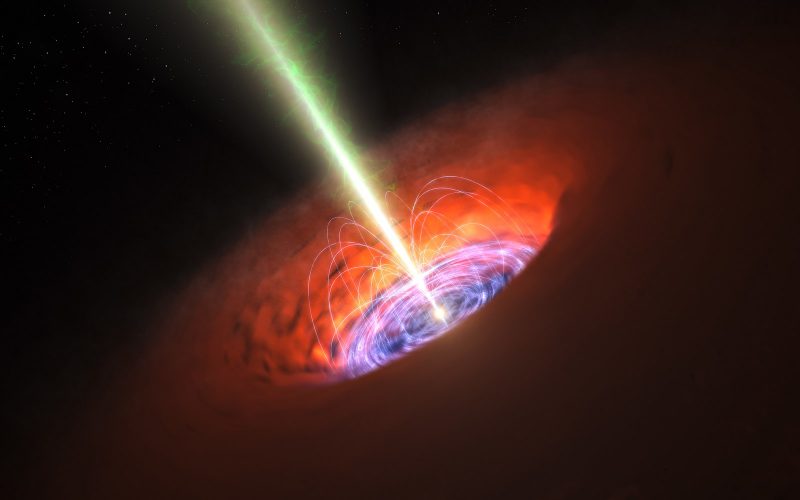 A flat glowing vortex with an orange donut around it and a long white jet extending from its center.