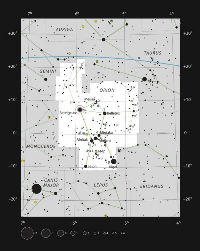 Star chart showing the constellation Orion with longitude/latitude grid laid over it.