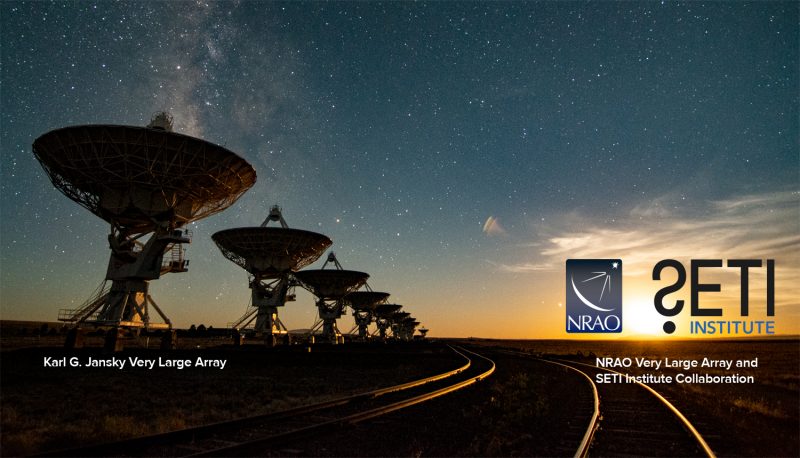 Dish-shaped radio telescopes on short towers with starry sky and text annotations.