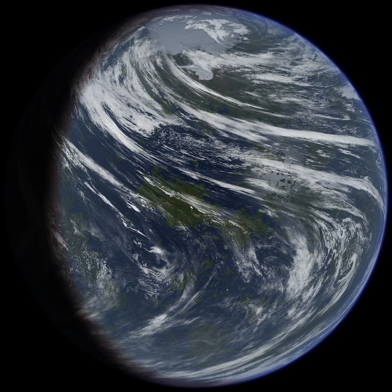 Blue and brown globe with white streaks of clouds.