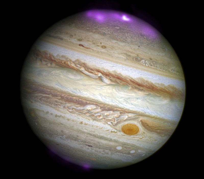 Planet with colored bands and blue-violet spots at top and bottom.