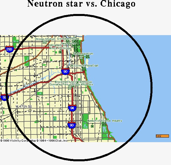 Map of the city of Chicago, with a circle drawn to indicate that the diameter of a neutron star is similar.