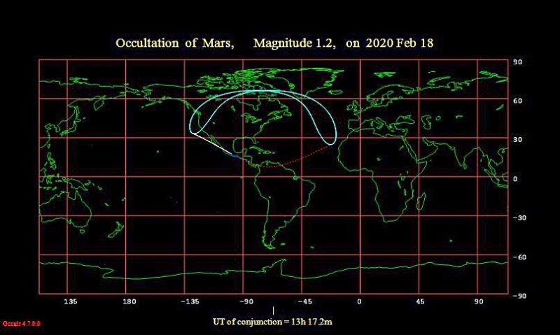 Map of occultation of Mars.
