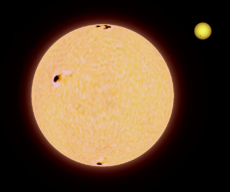 Illustration of two circles with sun-like surface feature, showing a size comparison of Pollux and the sun.