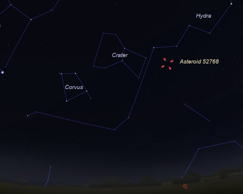 Diagram of sky with constellations and position of asteroid marked.