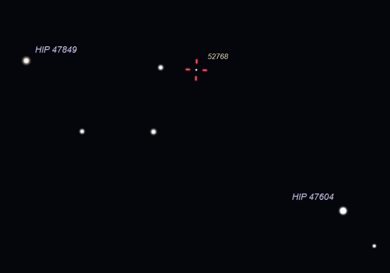 Chart with six stars, two labeled, and position of asteroid.
