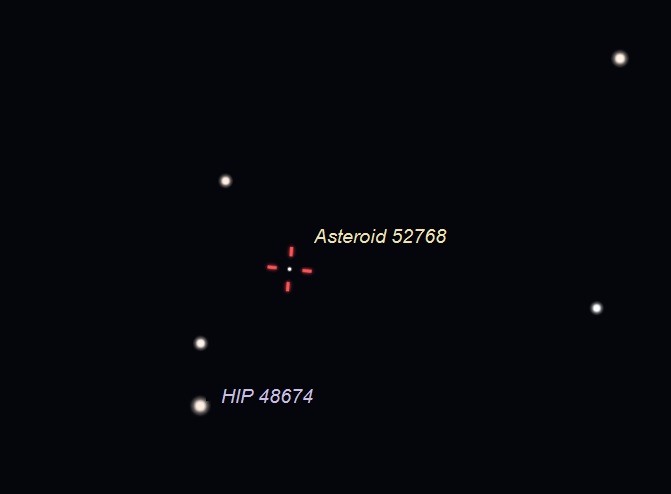 Chart of five stars, one labeled, and position of asteroid.