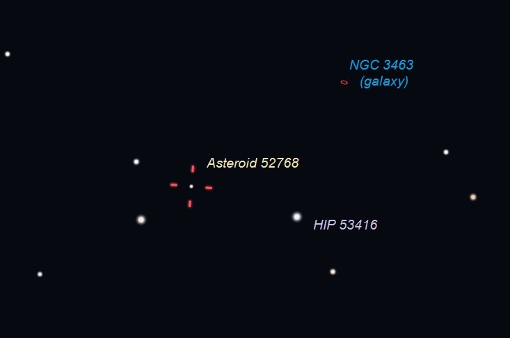 Six stars, one labeled, and a labeled galaxy, with position of asteroid.