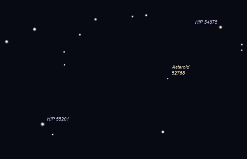 Scattered stars, one labeled, with position of asteroid.