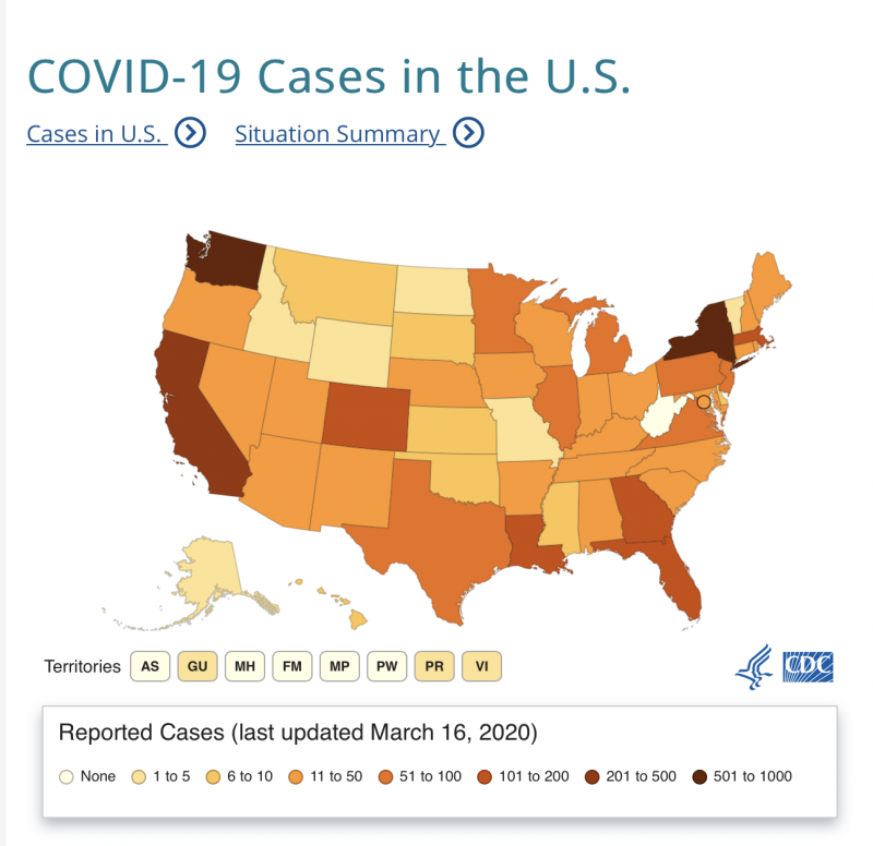 U.S. map showing number of coronavirus cases reported, state by state, as of March 16.