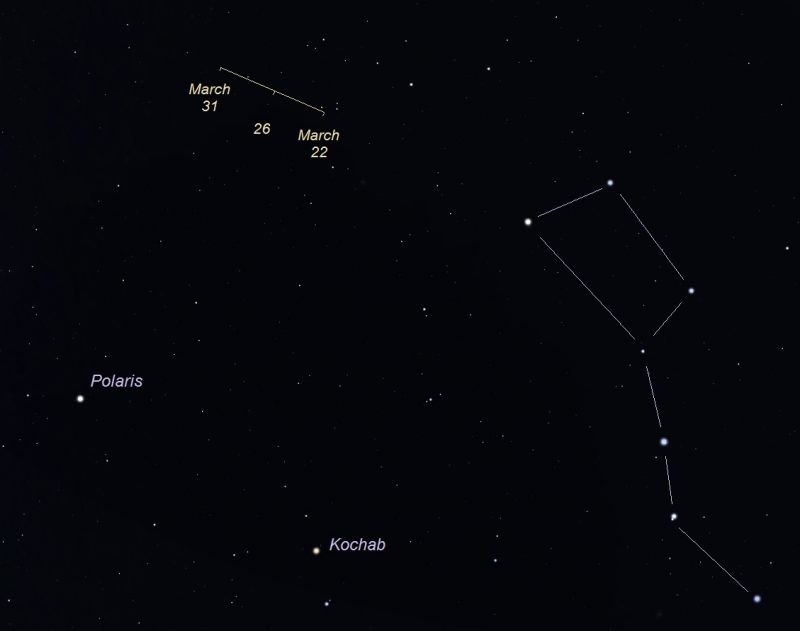 Star chart with North Star Polaris and Big Dipper and comet location.
