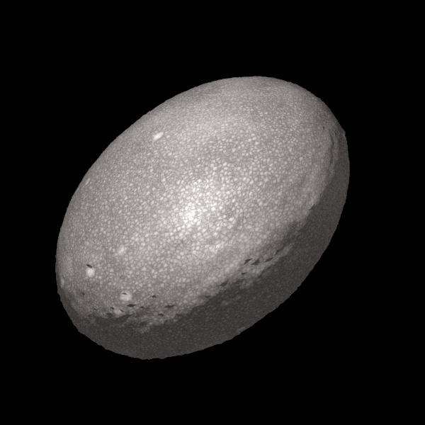 Animation of spinning egg-shaped little planet with gray textured surface and a few craters.