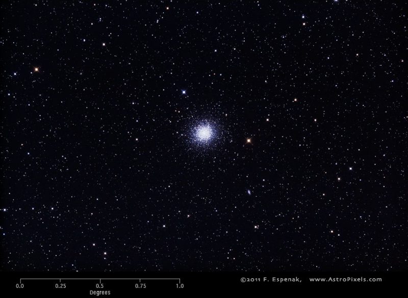 A smallish fuzzy round star cluster, set against a star field.