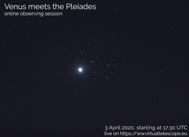 Poster from Virtual Telescope Project showing Venus near the Pleiades in 2012 with text.