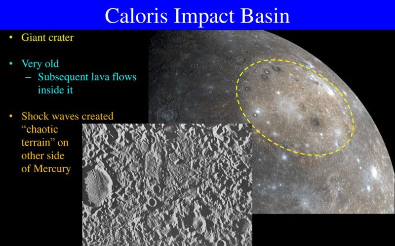 Grayish surface of a planet with yellow dashed circle and text annotations on black background, and inset showing rough texture.